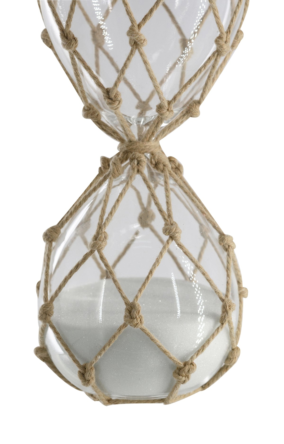 3.8x3.8x10" Clear 45-Minute Hourglass with White Sand and Tan Cotton Netting