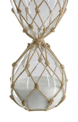 3.8x3.8x10" Clear 45-Minute Hourglass with White Sand and Tan Cotton Netting
