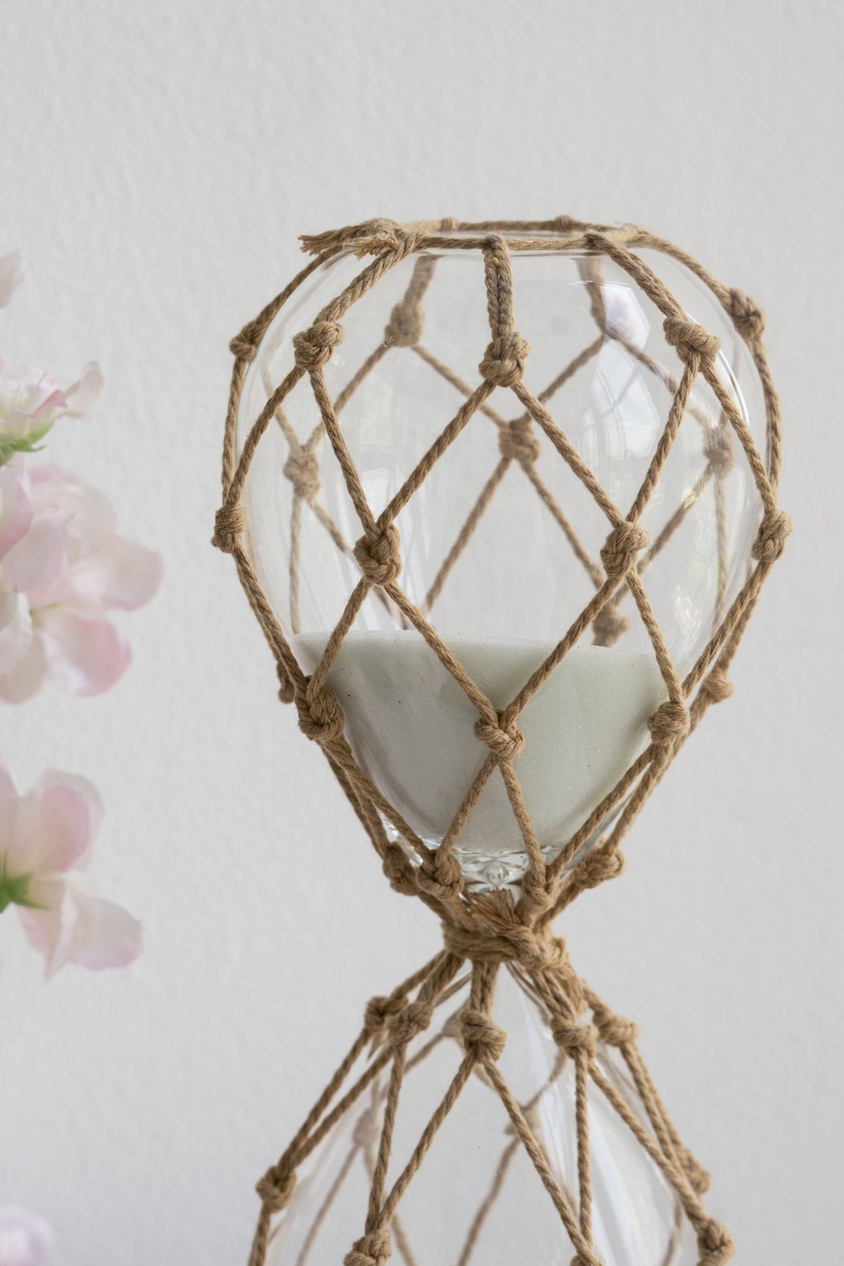 3.8x3.8x10" Clear 45-Minute Hourglass with White Sand and Tan Cotton Netting