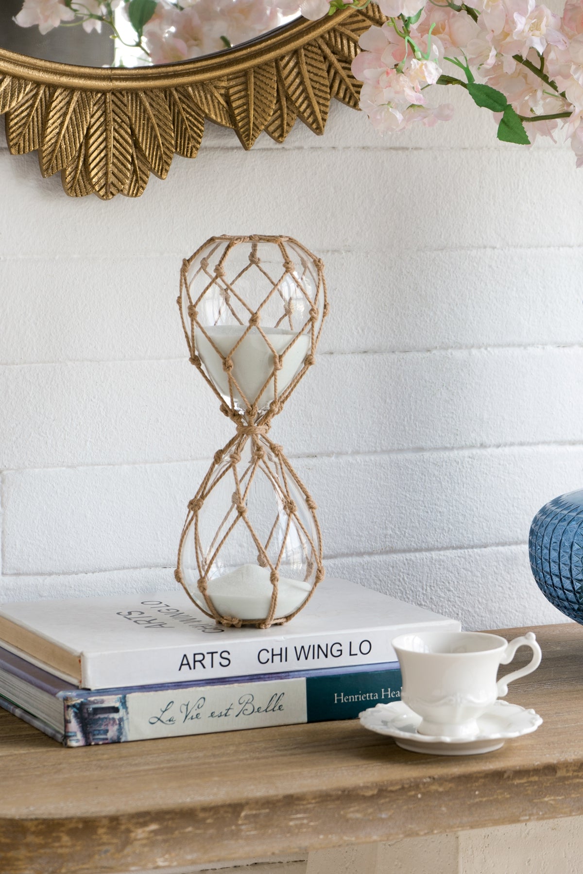 3.8x3.8x10" Clear 45-Minute Hourglass with White Sand and Tan Cotton Netting