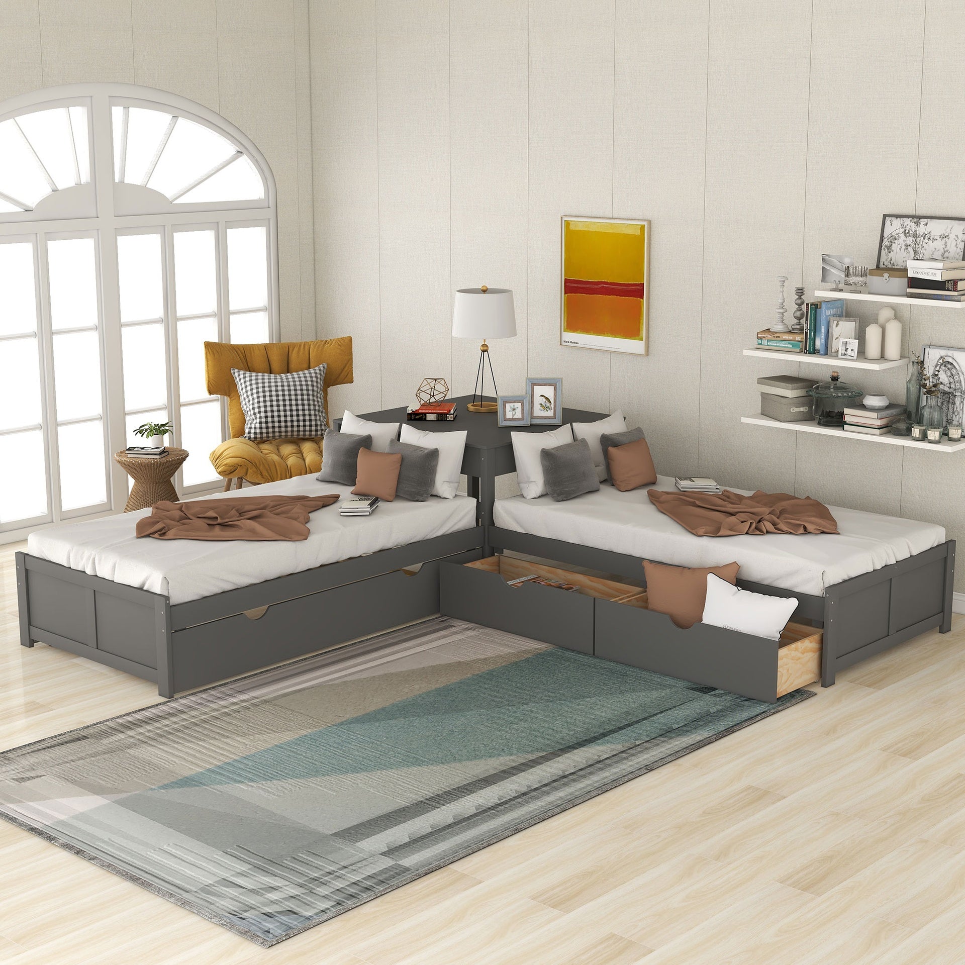 L-shaped Platform Bed with Trundle and Drawers Linked with built-in Desk,Twin,Gray