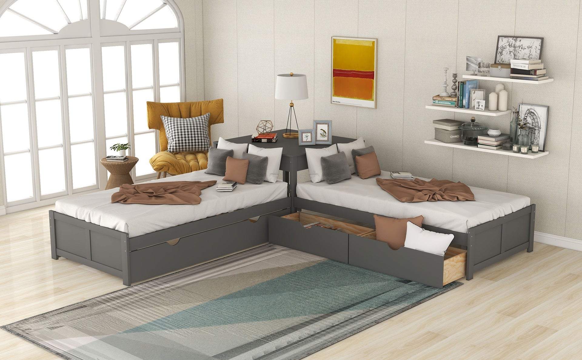 L-shaped Platform Bed with Trundle and Drawers Linked with built-in Desk,Twin,Gray
