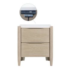 Modern Two Drawers Nightstand with Charging Ports Marble Top Light Oak Finish Bedroom Furniture 1pc Bedside Table