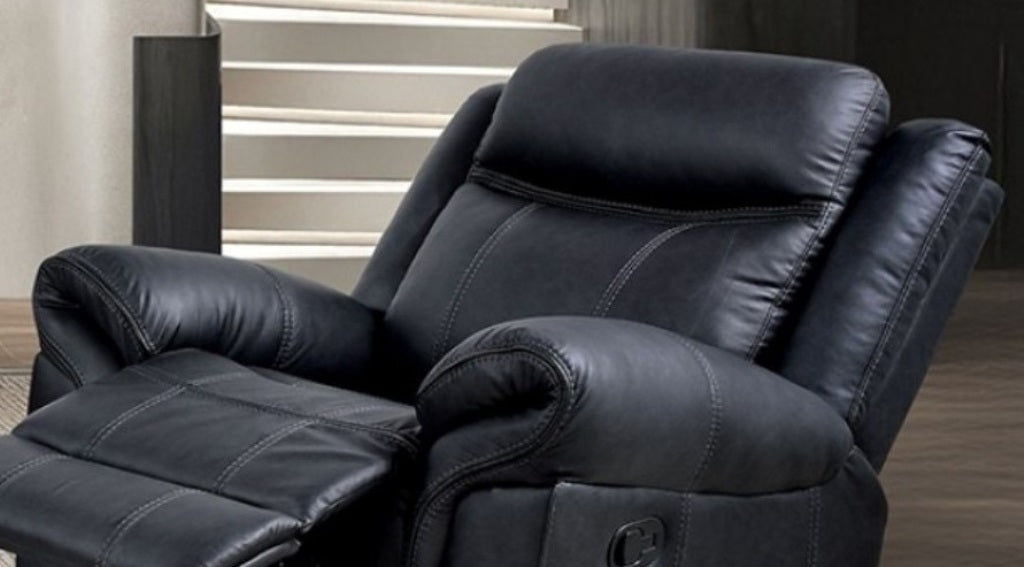 Transitional Style Glider Recliner Contrast Welt Black Finish Faux Leather Material Primary Living Room