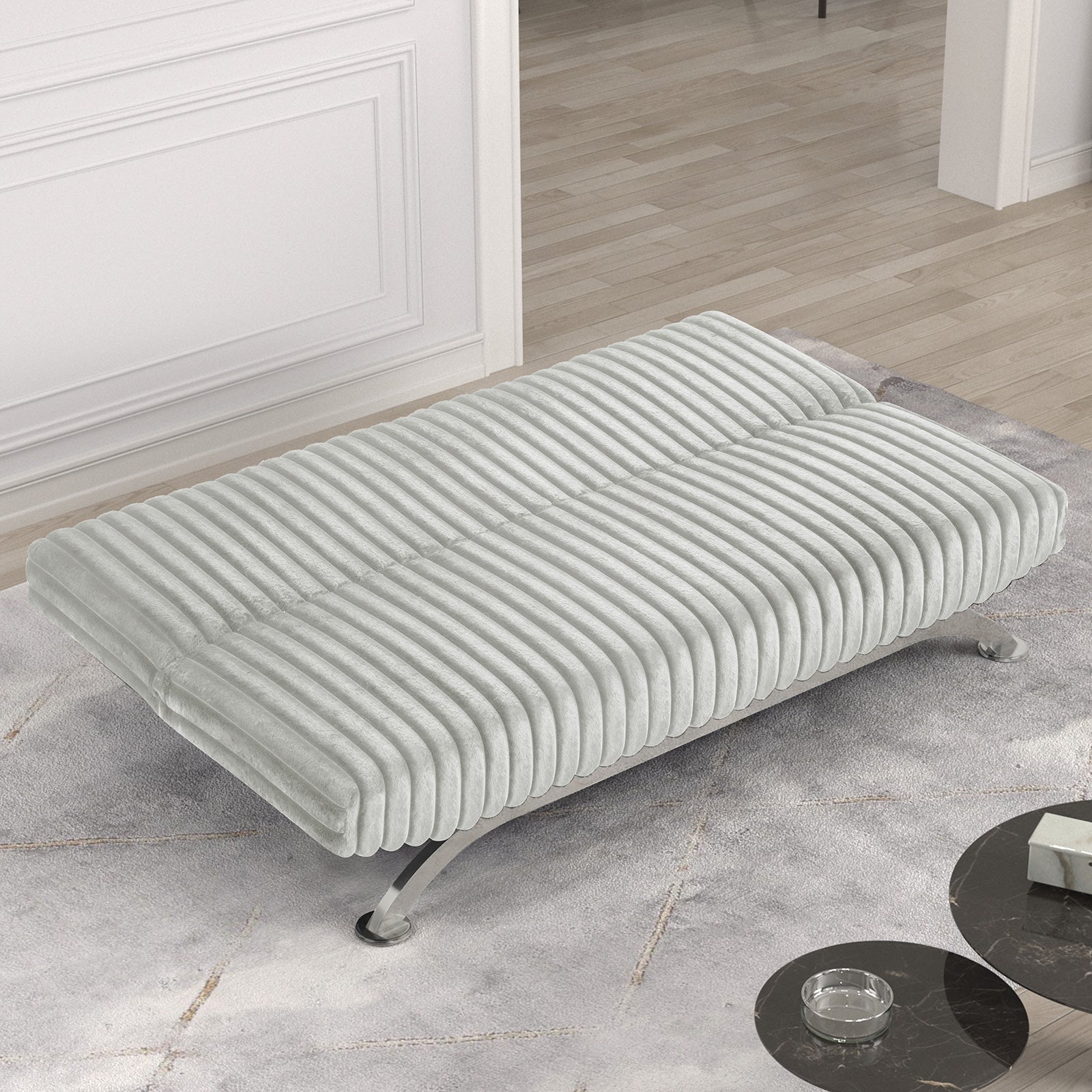 Contemporary Style Light Gray Finish Futon Sofa Bed Convert Into Bed With Extra Support Leg Chrome Finish Metal Base Legs