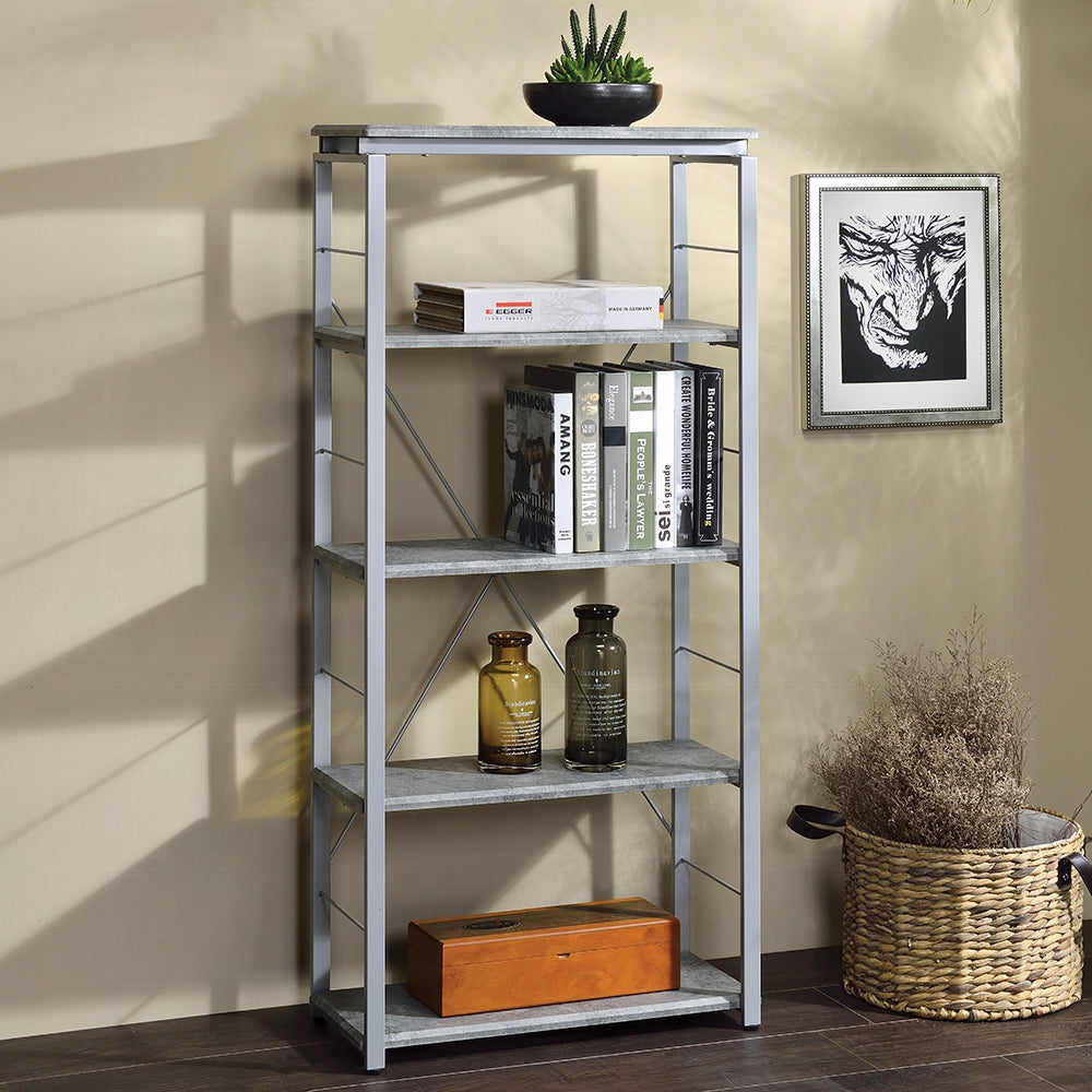 Metal Shelving Unit Bookshelf 1pc Home Office Furniture Wooden Storage Rack Shelves, Faux Concrete & Silver Finish