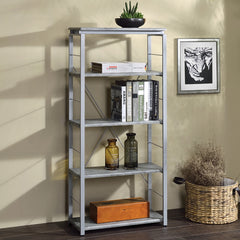 Metal Shelving Unit Bookshelf 1pc Home Office Furniture Wooden Storage Rack Shelves, Faux Concrete & Silver Finish