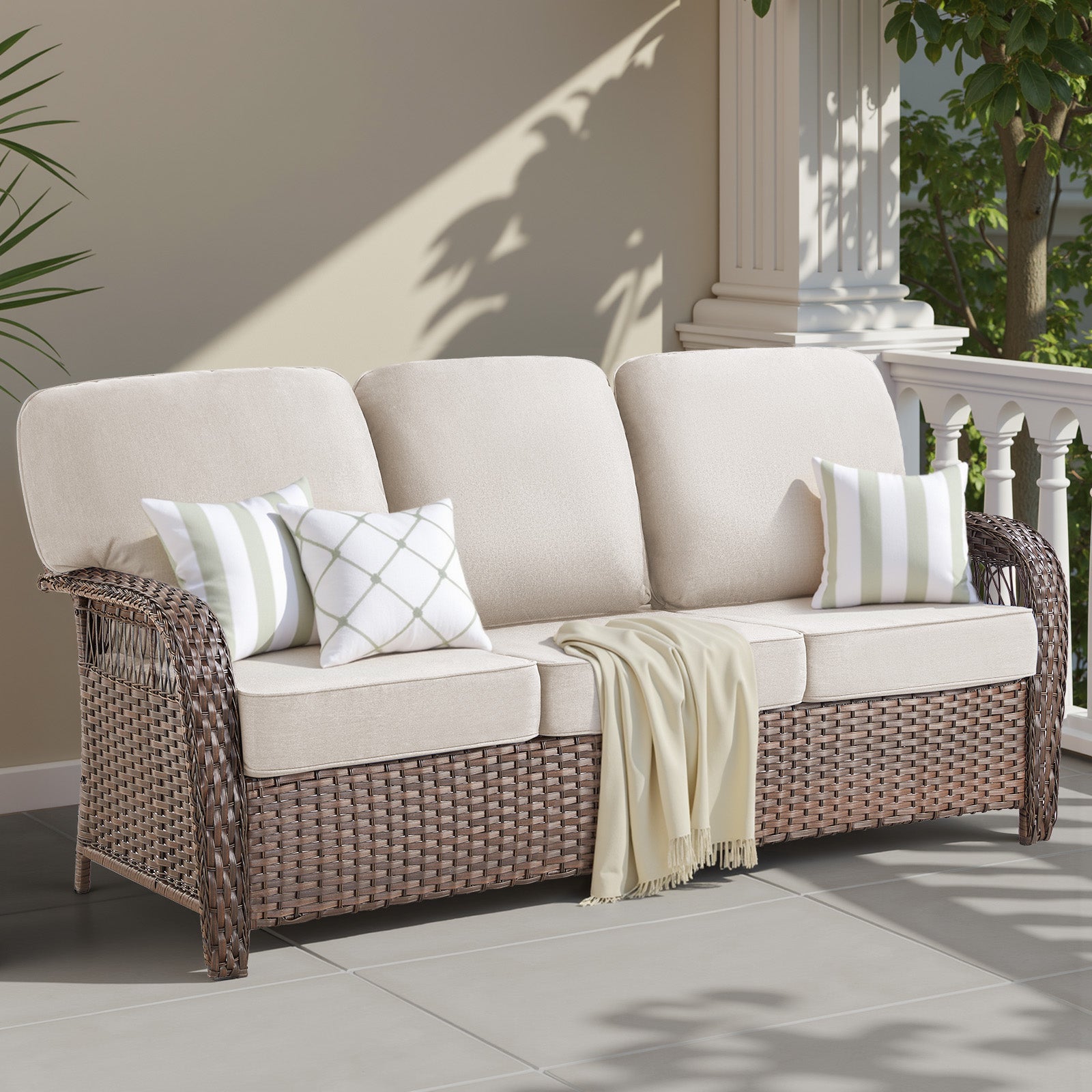 75.2" Outdoor Brown Wicker Patio Sofa with T Shape-Back Cushions and 5" Thick Foam, for Porch or Backyard, Beige