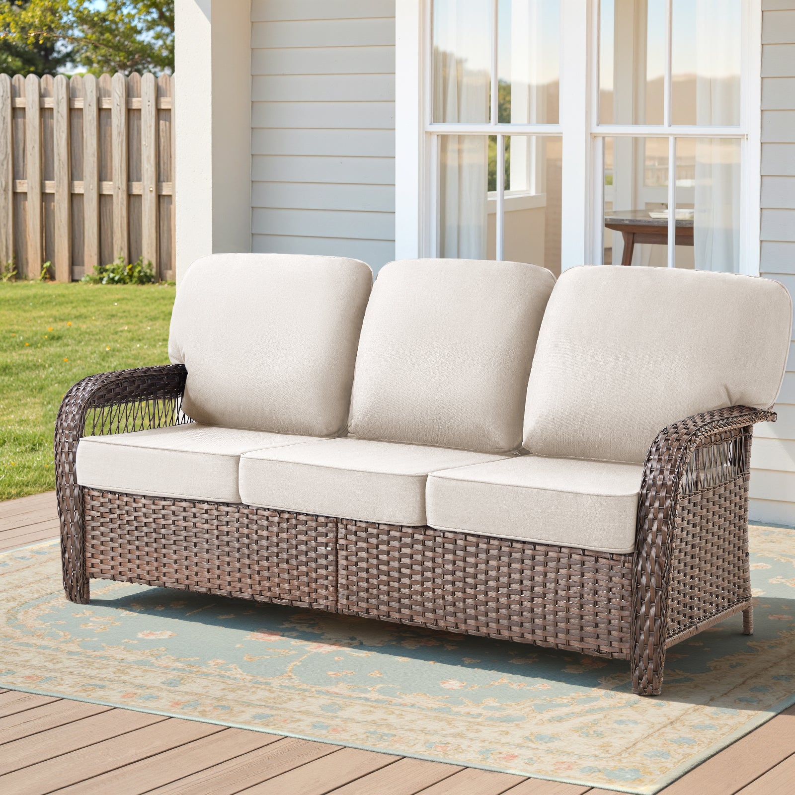75.2" Outdoor Brown Wicker Patio Sofa with T Shape-Back Cushions and 5" Thick Foam, for Porch or Backyard, Beige