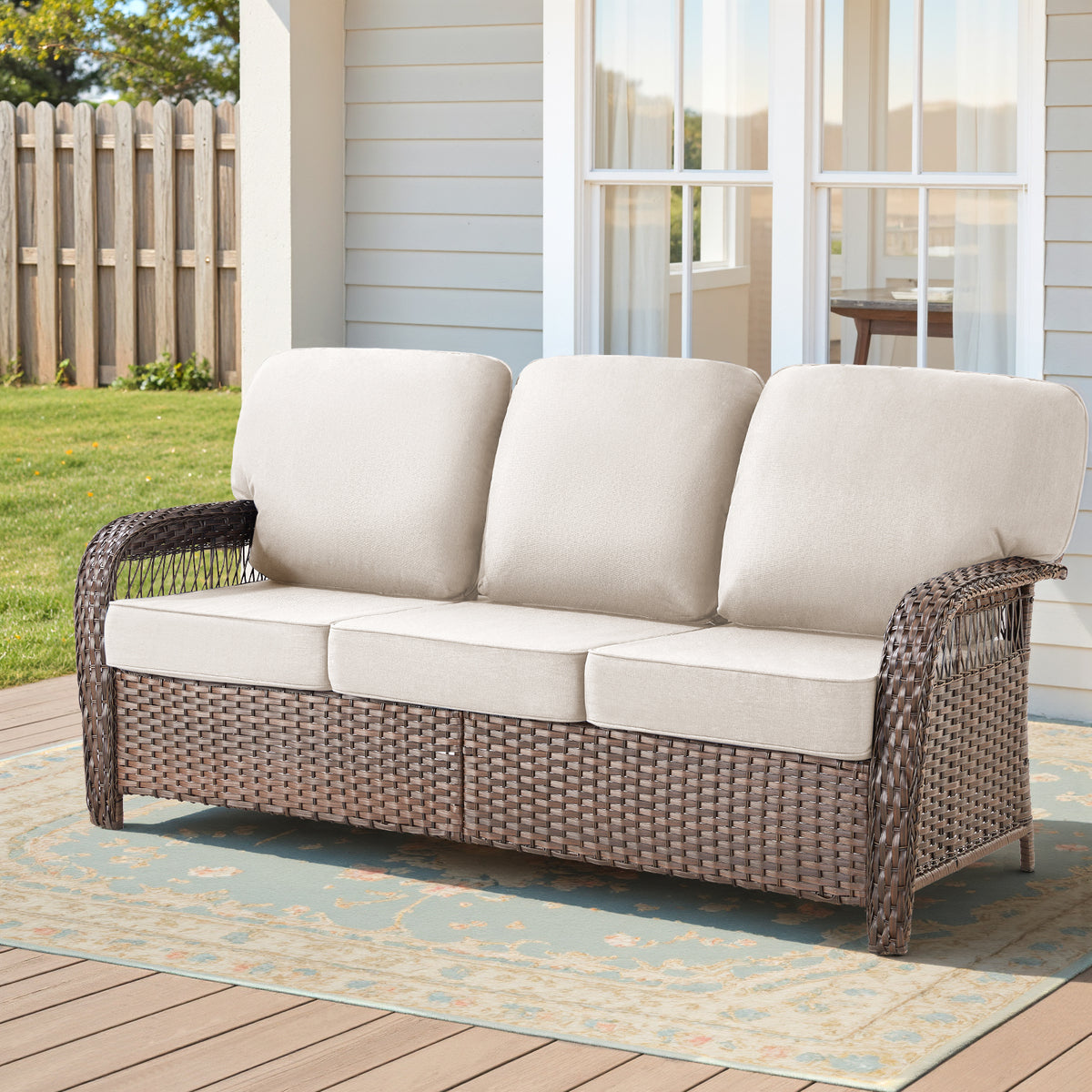 75.2" Outdoor Brown Wicker Patio Sofa with T Shape-Back Cushions and 5" Thick Foam, for Porch or Backyard, Beige