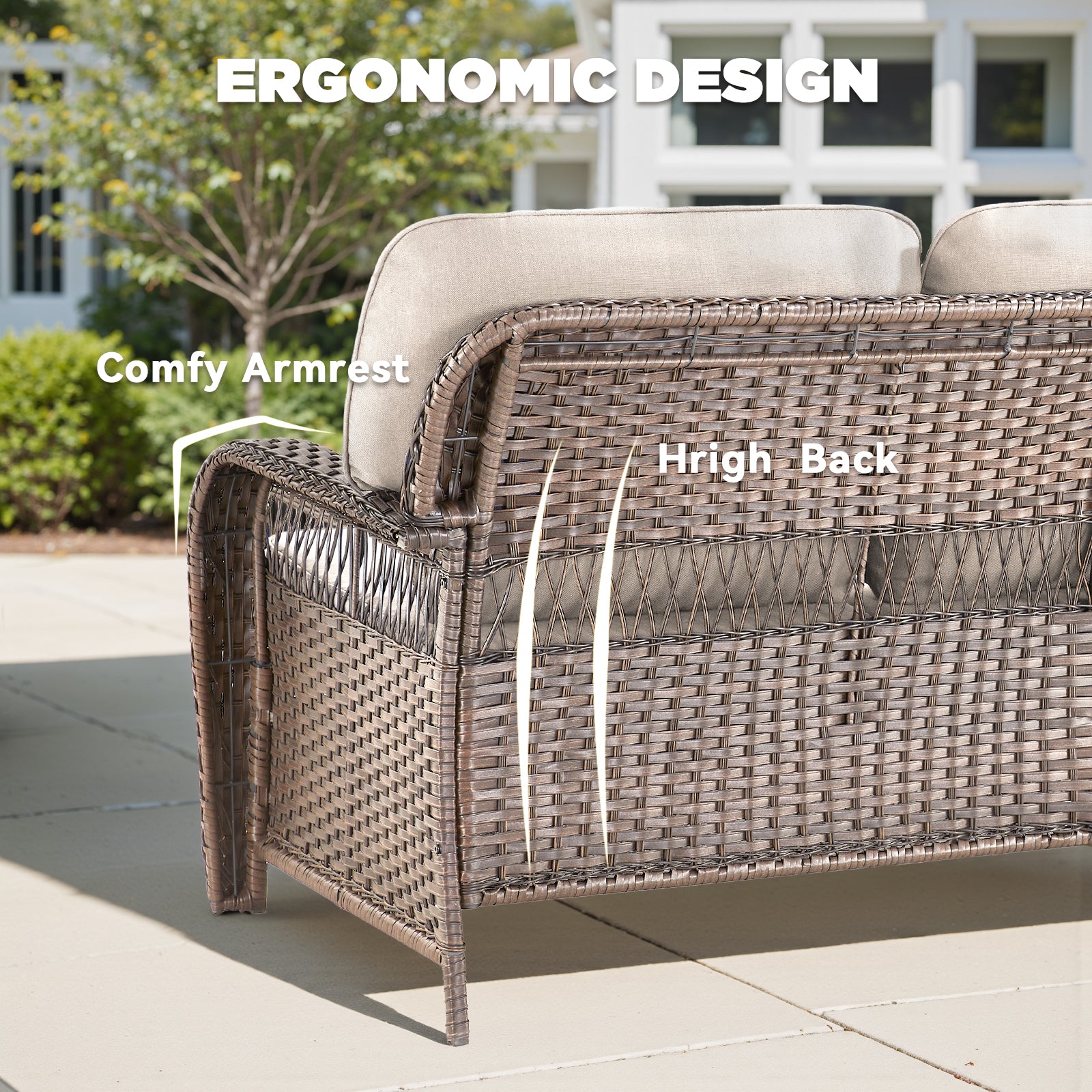 75.2" Outdoor Brown Wicker Patio Sofa with T Shape-Back Cushions and 5" Thick Foam, for Porch or Backyard, Beige