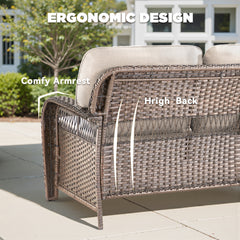 75.2" Outdoor Brown Wicker Patio Sofa with T Shape-Back Cushions and 5" Thick Foam, for Porch or Backyard, Beige