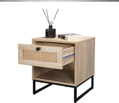 Birch Coastal Modern Side Table with Drawer Natural Wood Top with Black Metal Legs