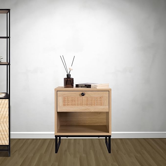 Birch Coastal Modern Side Table with Drawer Natural Wood Top with Black Metal Legs
