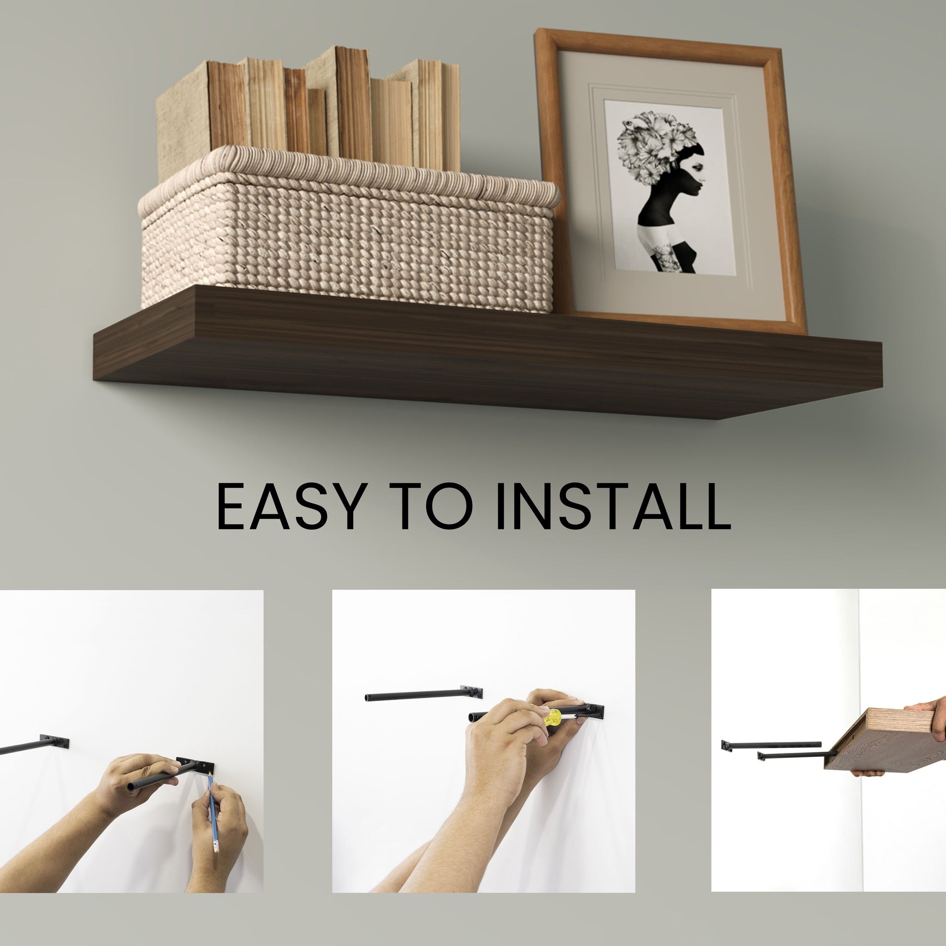 Floating Shelves, Dark Oak, 2 Shelves, 1.50" H
