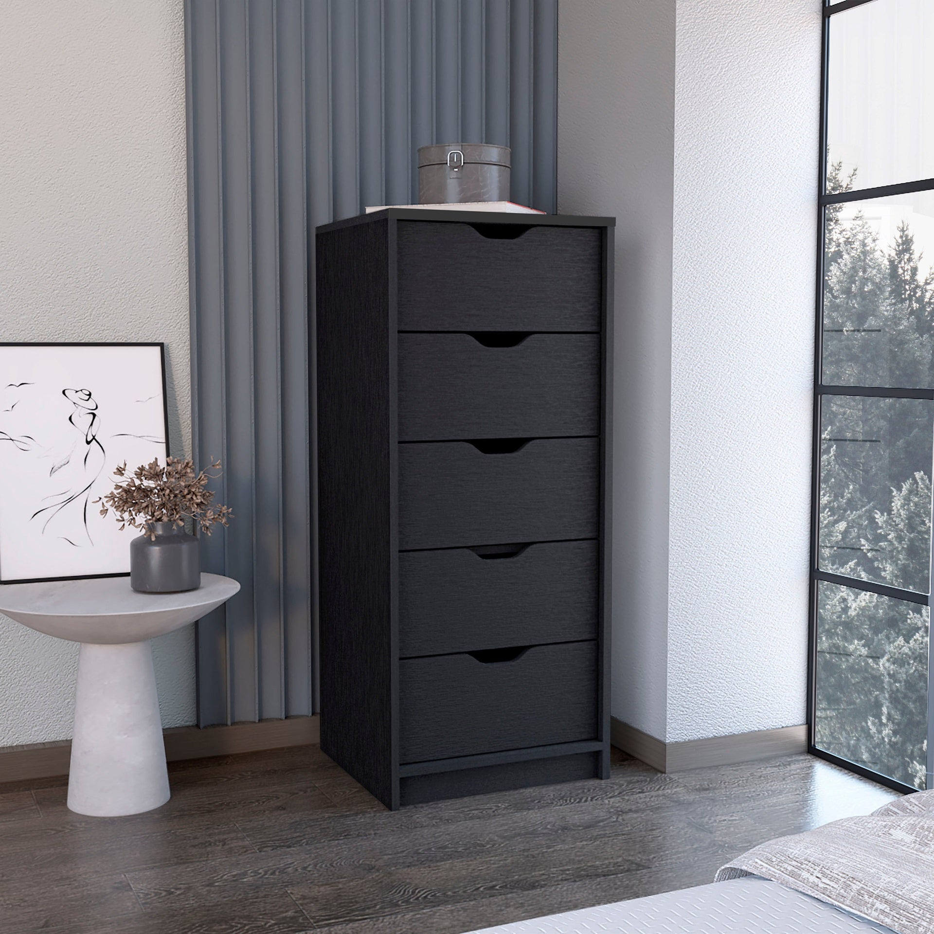 Dresser 42 inchH, 5 Drawers , Slim Storage Chest of Drawers, Black