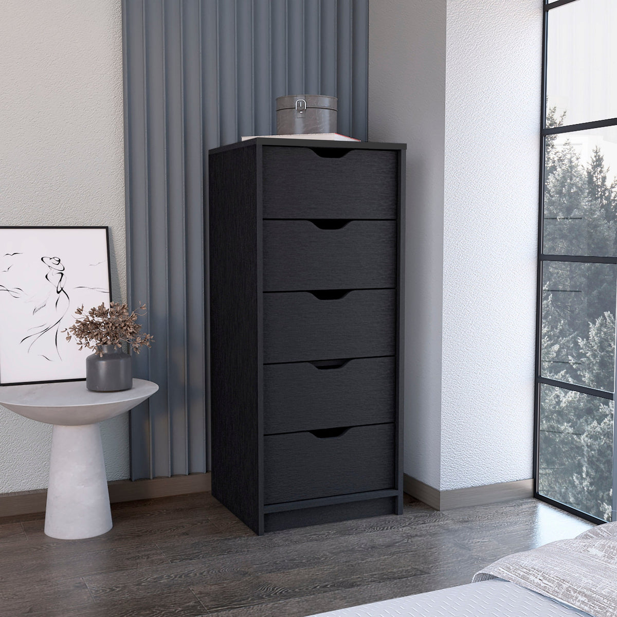 Dresser 42 inchH, 5 Drawers , Slim Storage Chest of Drawers, Black