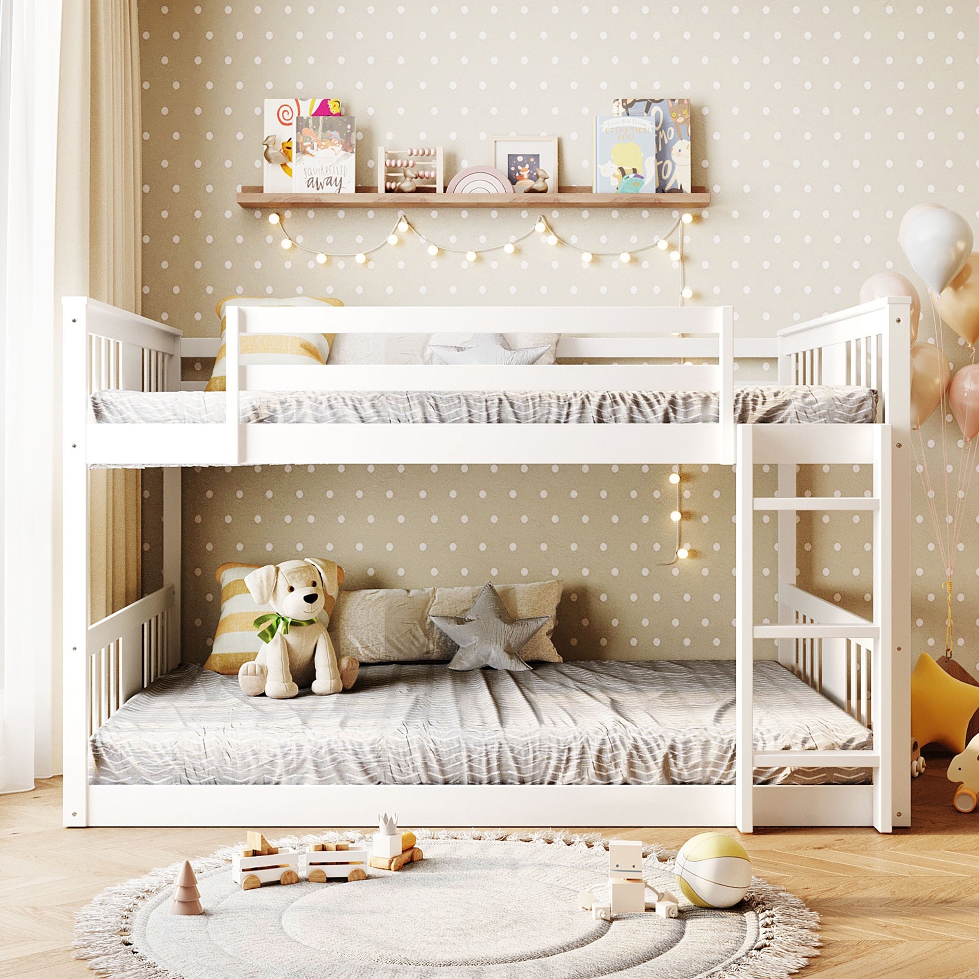 Full Over Full Bunk Bed with Ladder, White