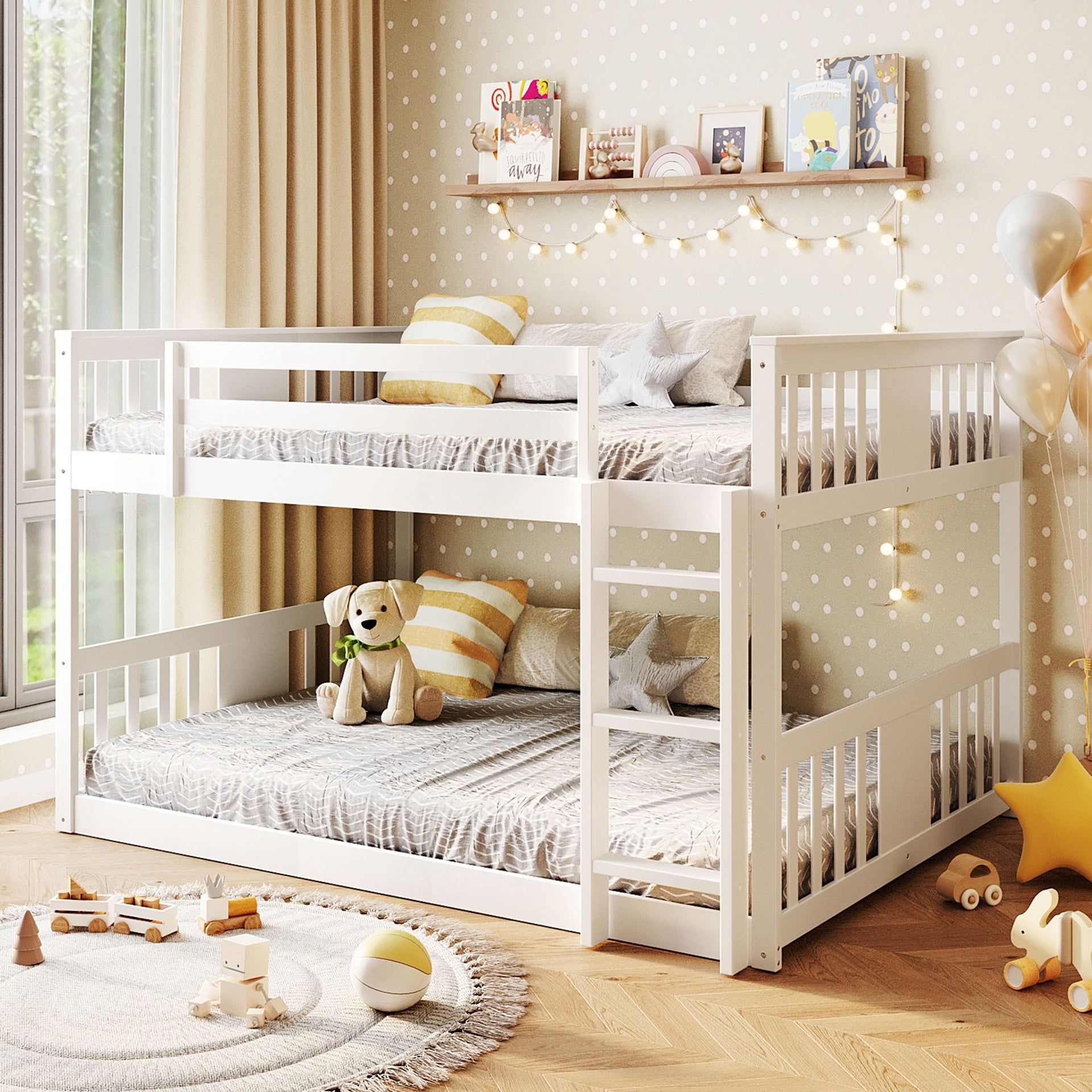 Full Over Full Bunk Bed with Ladder, White