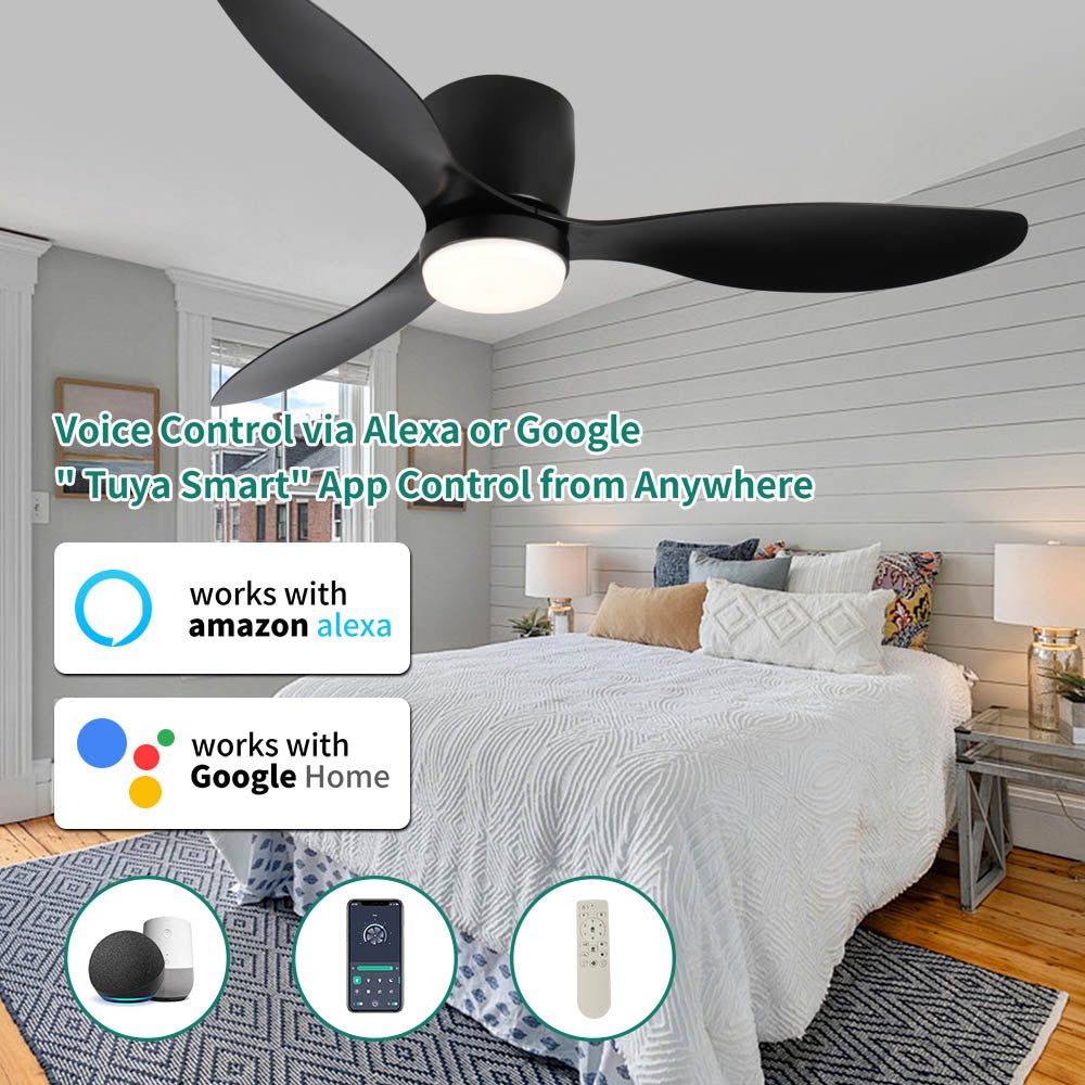 52" Smart Flush Mount black Ceiling Fans with Lights Remote,Quiet DC Motor,Outdoor Indoor Low Profile Ceiling Fan,Control with WIFI Alexa App,Dimmable,ABS blades,for Modern Bedroom Patio
