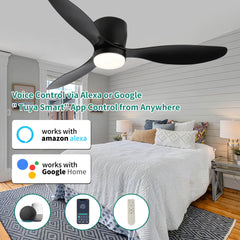52" Smart Flush Mount black Ceiling Fans with Lights Remote,Quiet DC Motor,Outdoor Indoor Low Profile Ceiling Fan,Control with WIFI Alexa App,Dimmable,ABS blades,for Modern Bedroom Patio