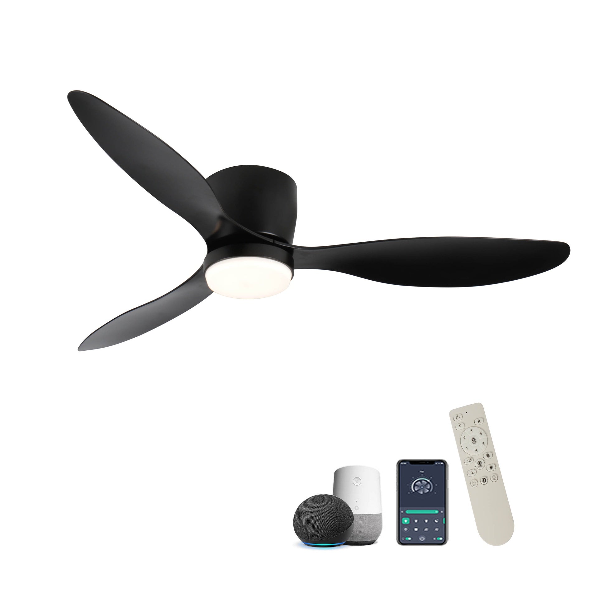 52" Smart Flush Mount black Ceiling Fans with Lights Remote,Quiet DC Motor,Outdoor Indoor Low Profile Ceiling Fan,Control with WIFI Alexa App,Dimmable,ABS blades,for Modern Bedroom Patio