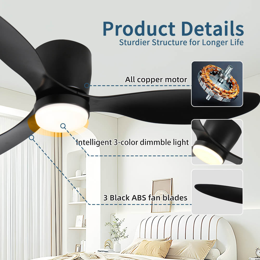 52" Smart Flush Mount black Ceiling Fans with Lights Remote,Quiet DC Motor,Outdoor Indoor Low Profile Ceiling Fan,Control with WIFI Alexa App,Dimmable,ABS blades,for Modern Bedroom Patio
