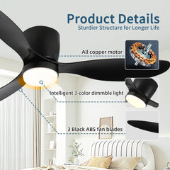 52" Smart Flush Mount black Ceiling Fans with Lights Remote,Quiet DC Motor,Outdoor Indoor Low Profile Ceiling Fan,Control with WIFI Alexa App,Dimmable,ABS blades,for Modern Bedroom Patio
