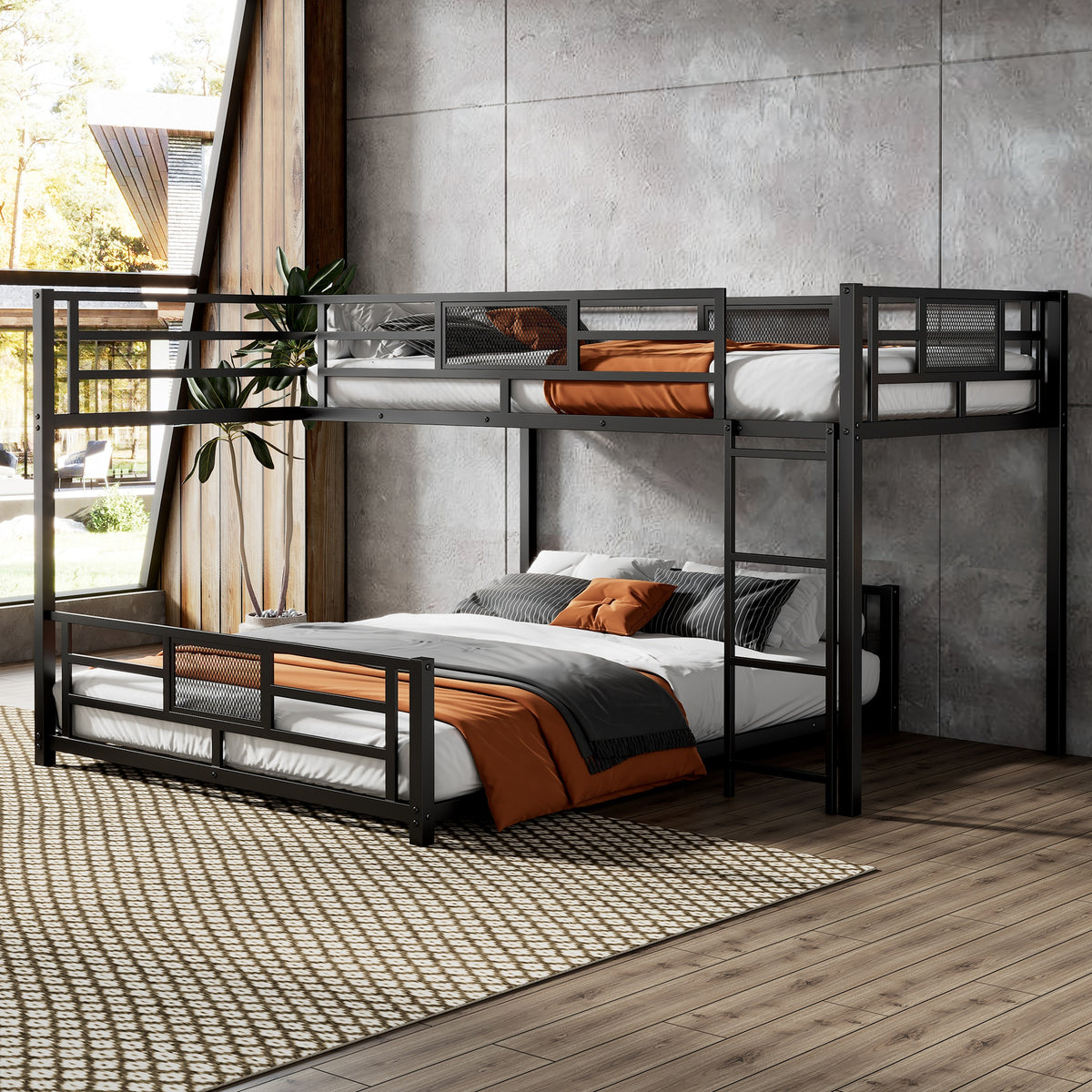 L-shaped Metal Twin over Full Size Bunk Bed, Black(ETA:2/25)