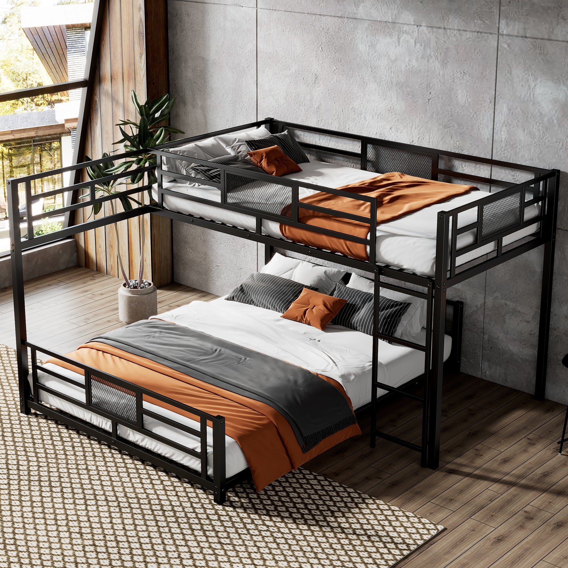L-shaped Metal Twin over Full Size Bunk Bed, Black(ETA:2/25)