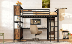 Metal Loft Bed with Wardrobe And L-shaped Desk, Queen Size Loft Bed with Storage Cubes and Shelves, Heavy Duty Loft Bed for Kids Teens Adults, Black Woodgrain