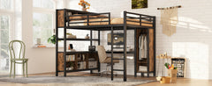 Metal Loft Bed with Wardrobe And L-shaped Desk, Queen Size Loft Bed with Storage Cubes and Shelves, Heavy Duty Loft Bed for Kids Teens Adults, Black Woodgrain
