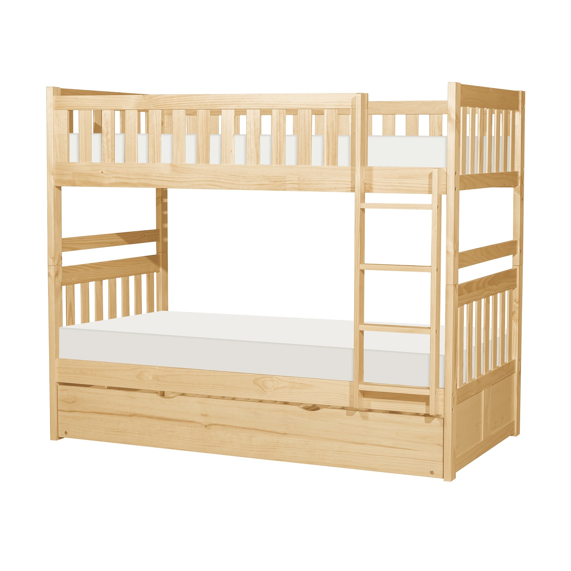 Twin Over Twin Bunk Bed with Trundle Natural Pine Finish Sturdy Ladder Wooden Transitional Bedroom Furniture 1pc Children Bed