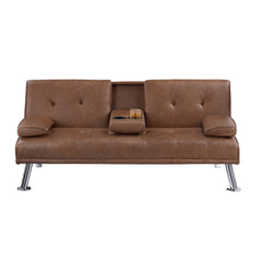 Living Room Brown Color Faux Leather 1pc Adjustable Sofa Fold-Down Table Cup Holders Tufted Upholstered Plush Cushion Couch Sofa