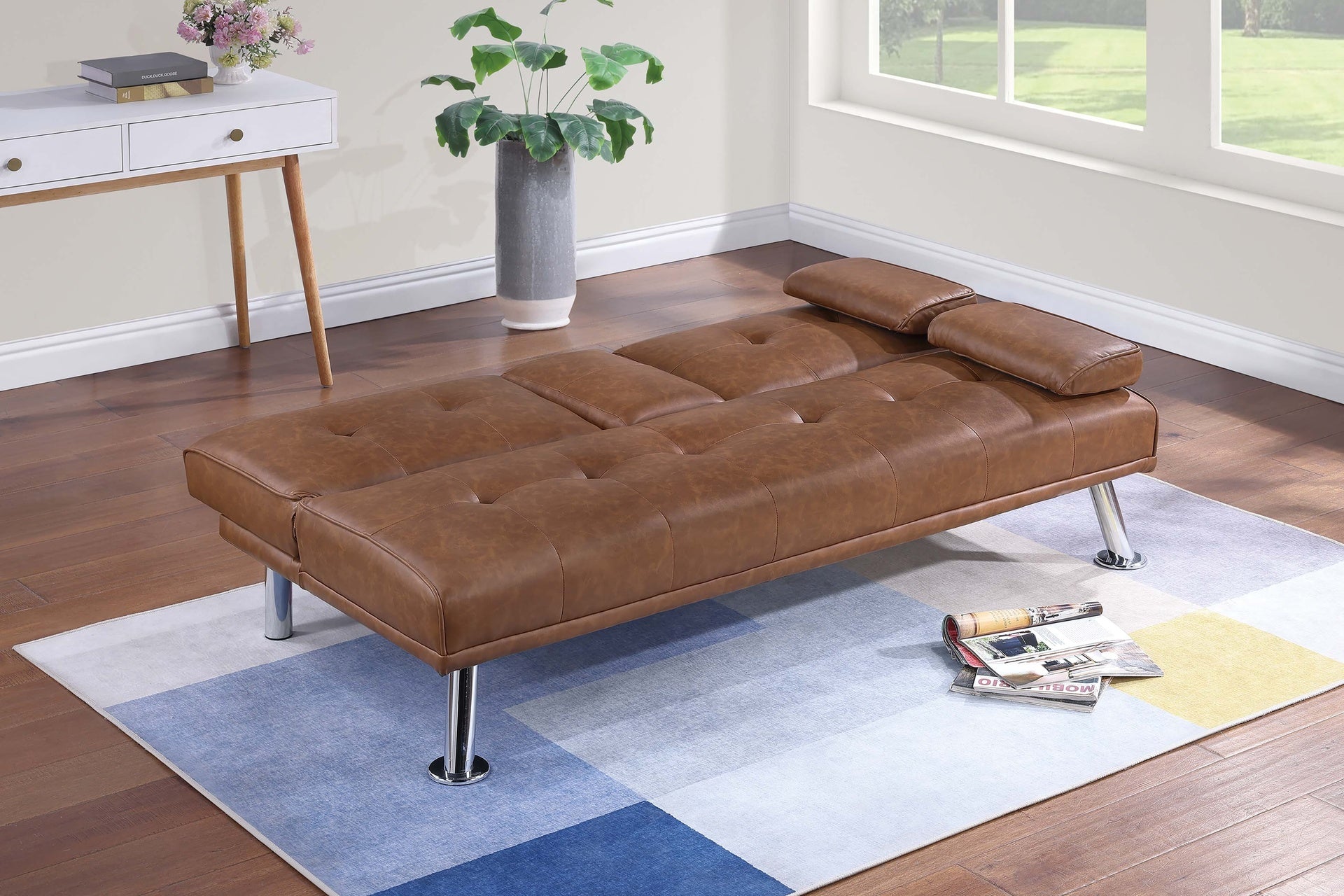 Living Room Brown Color Faux Leather 1pc Adjustable Sofa Fold-Down Table Cup Holders Tufted Upholstered Plush Cushion Couch Sofa