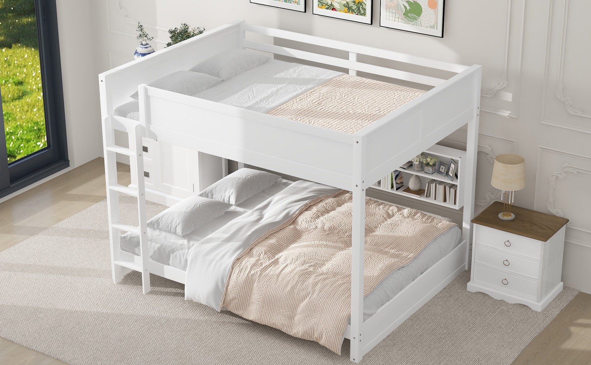 Queen over Queen Bunk Bed with Storage Cabinets and USB Ports, White