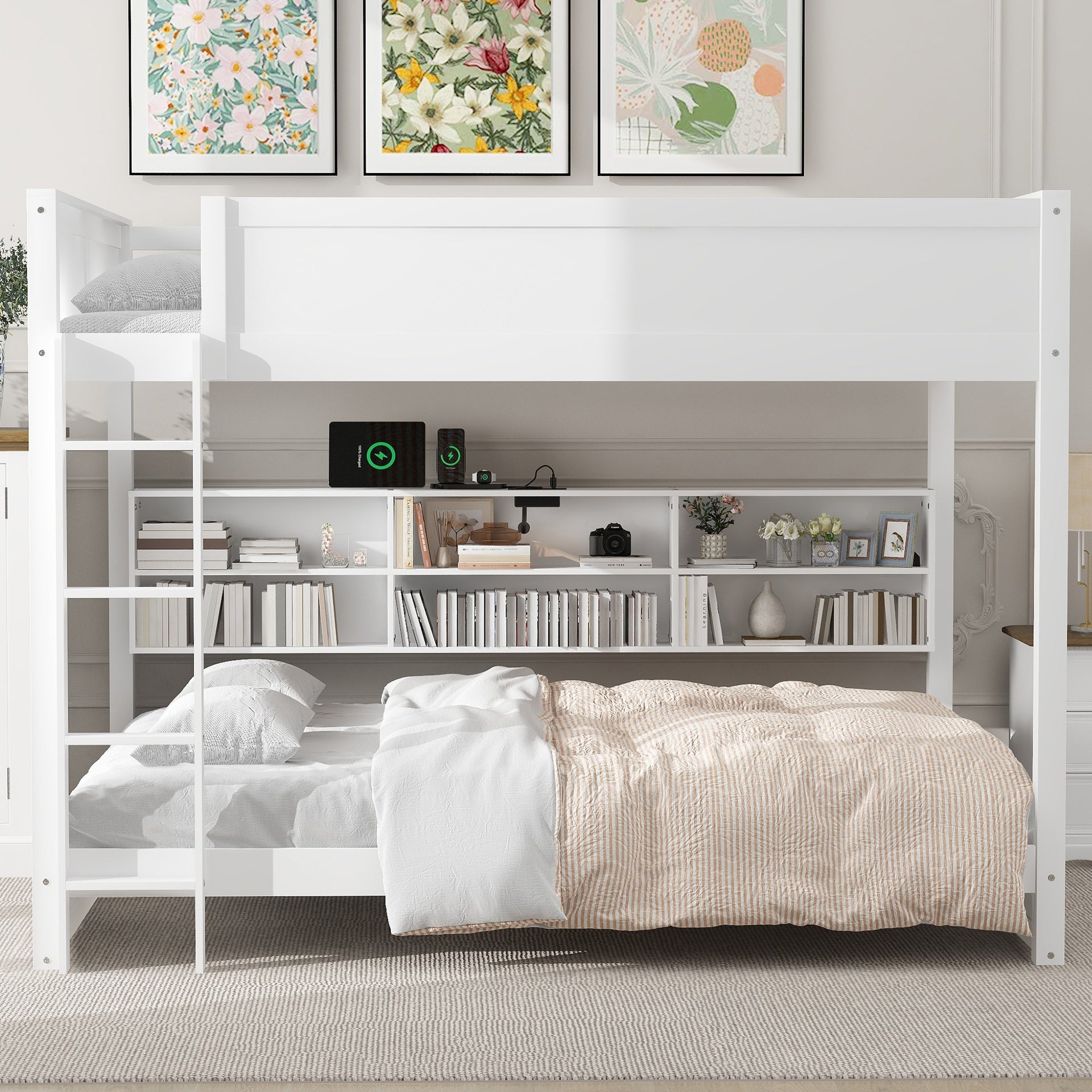 Queen over Queen Bunk Bed with Storage Cabinets and USB Ports, White