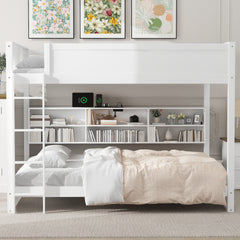 Queen over Queen Bunk Bed with Storage Cabinets and USB Ports, White