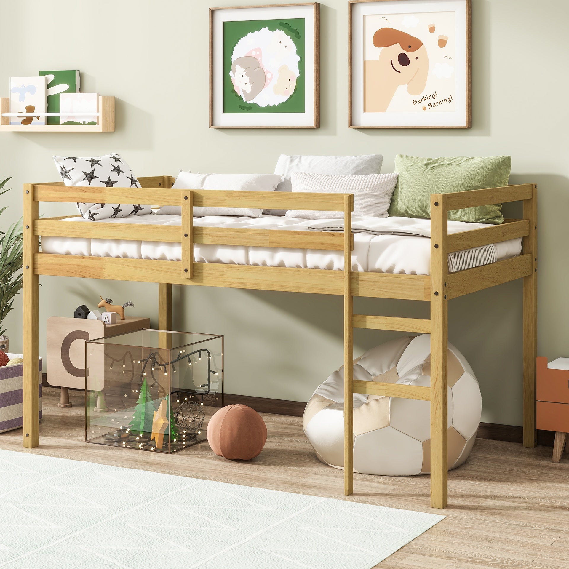 Solid Wooden, Rubber Wooden Twin Loft Bed with Ladder, Bed Platform of Strengthened Slats, Natural
