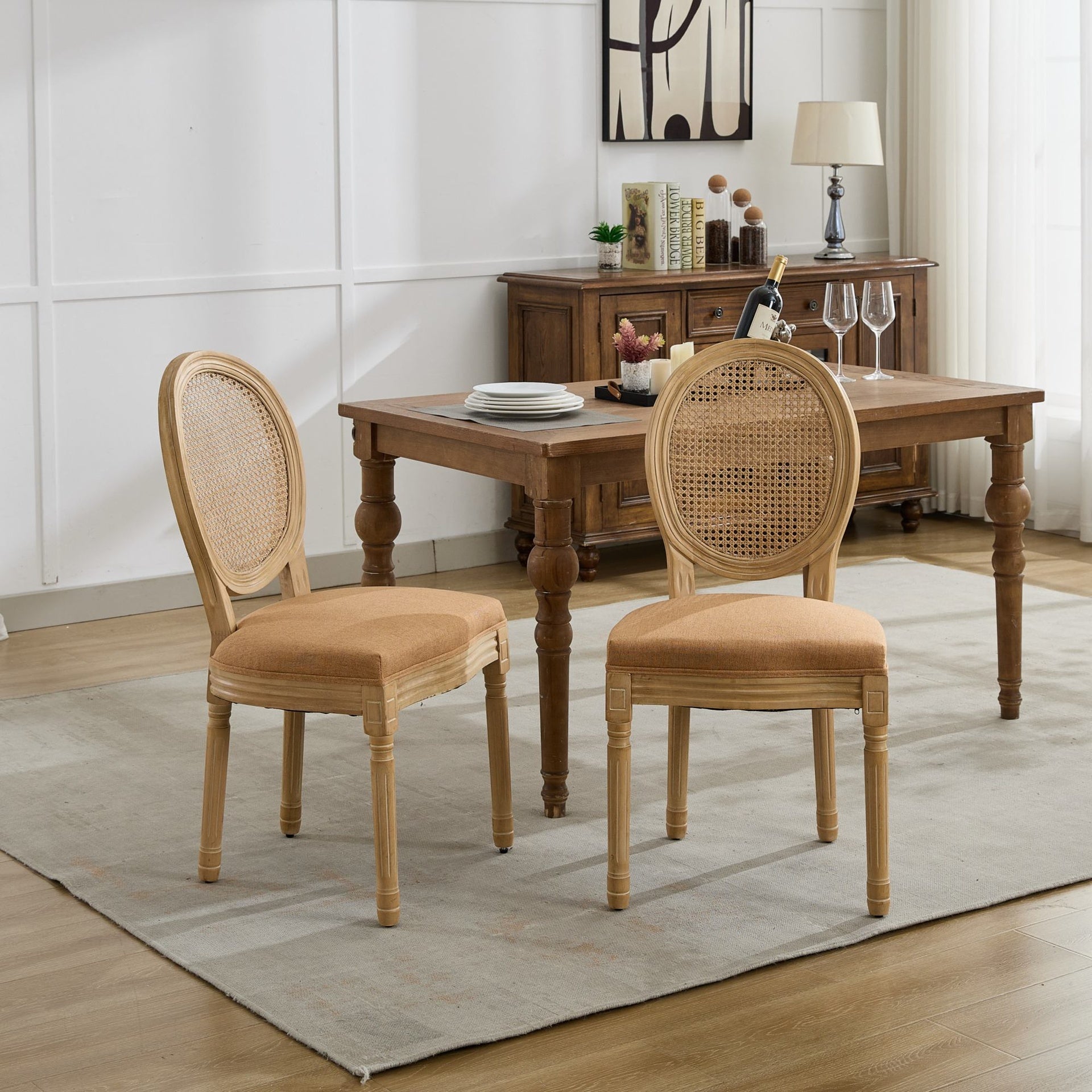 A&A Furniture,French Style Solid Wood Frame Antique Painting Linen Fabric Rattan Back Dining Chair,Set of 2,Tan