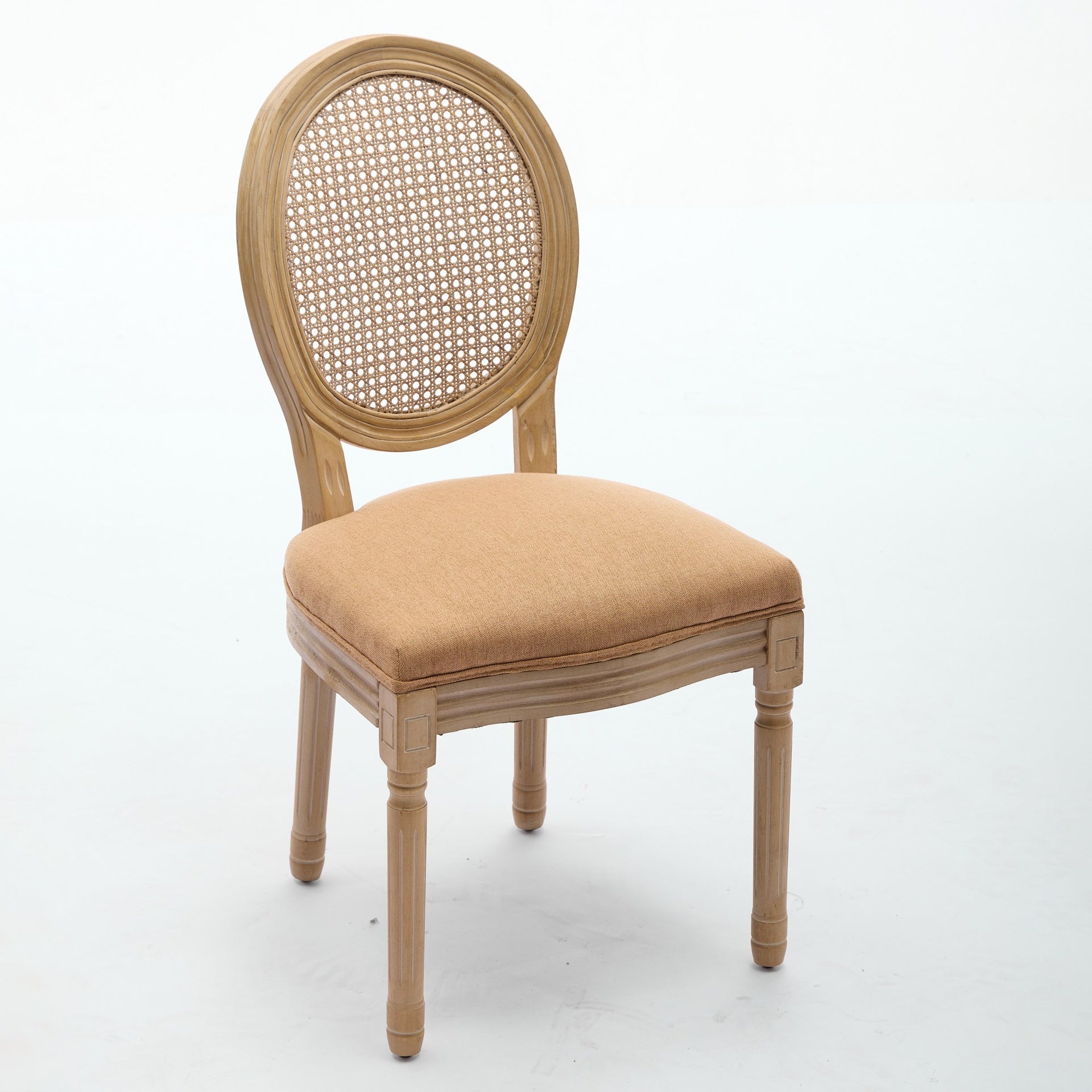 A&A Furniture,French Style Solid Wood Frame Antique Painting Linen Fabric Rattan Back Dining Chair,Set of 2,Tan