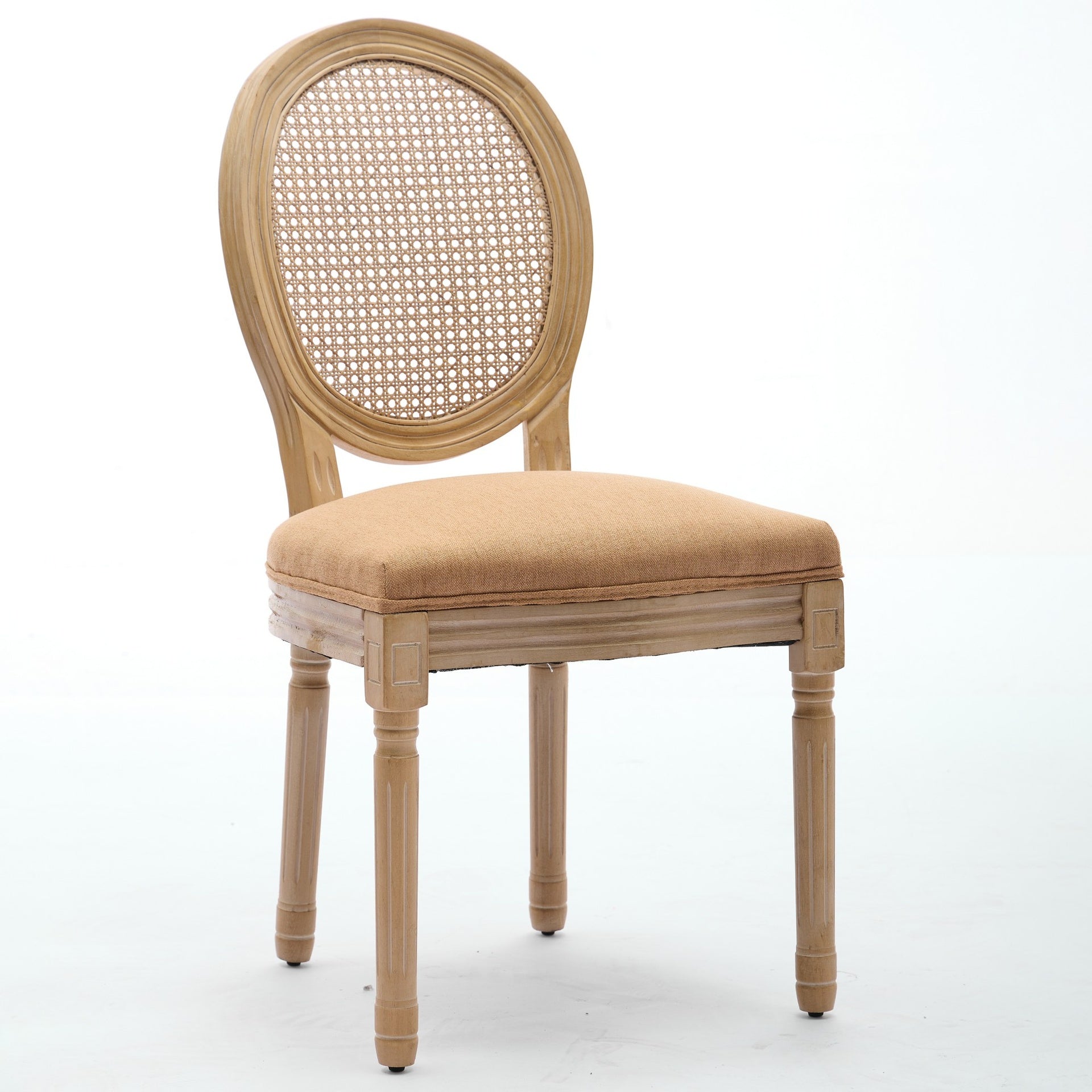 A&A Furniture,French Style Solid Wood Frame Antique Painting Linen Fabric Rattan Back Dining Chair,Set of 2,Tan