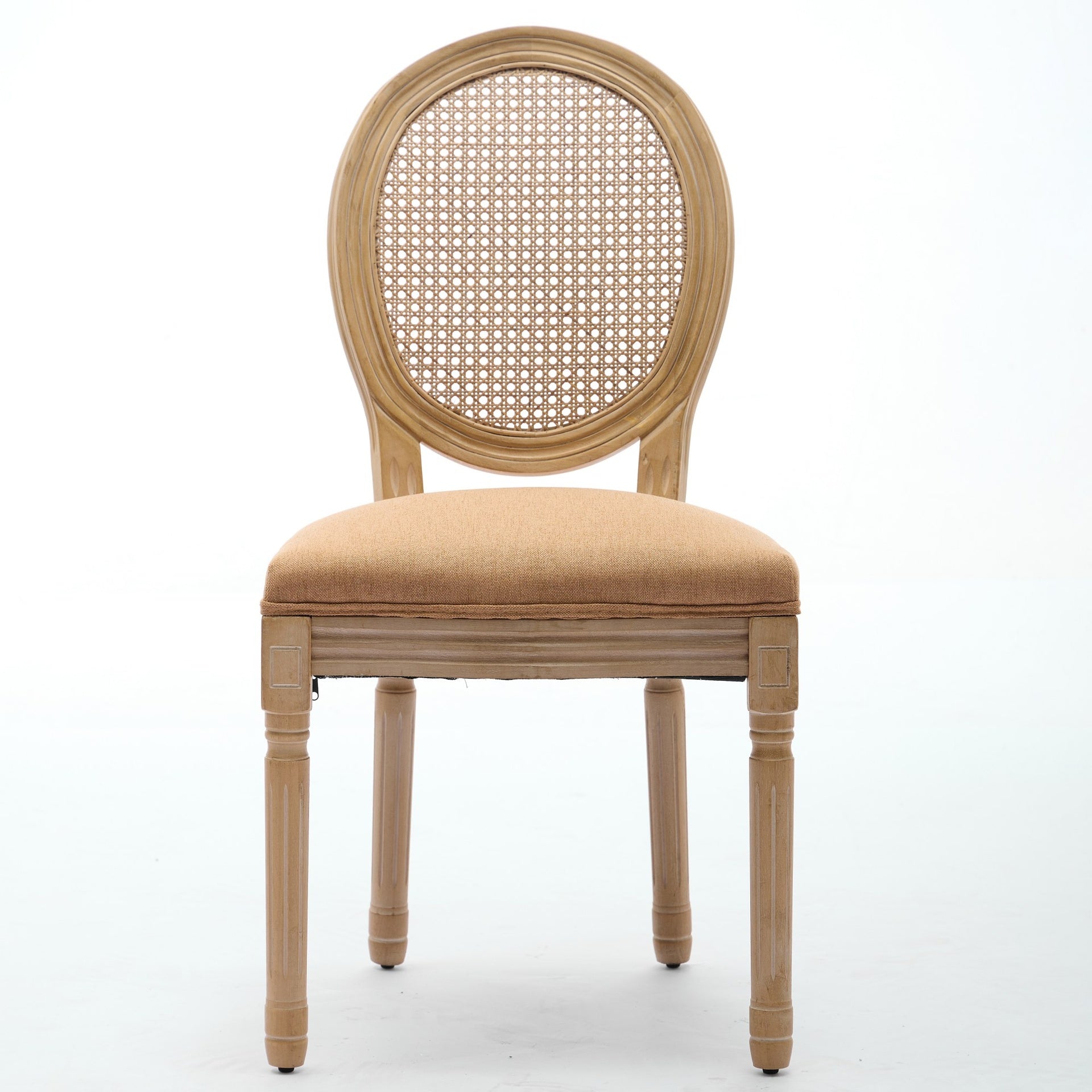 A&A Furniture,French Style Solid Wood Frame Antique Painting Linen Fabric Rattan Back Dining Chair,Set of 2,Tan