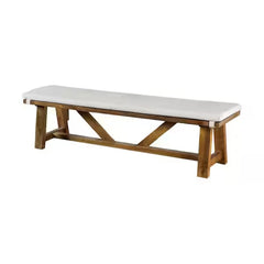 Modern Upholstery Bench With Cushion Rustic Style Trestle Base Upholstered Seat Brown And White Finish