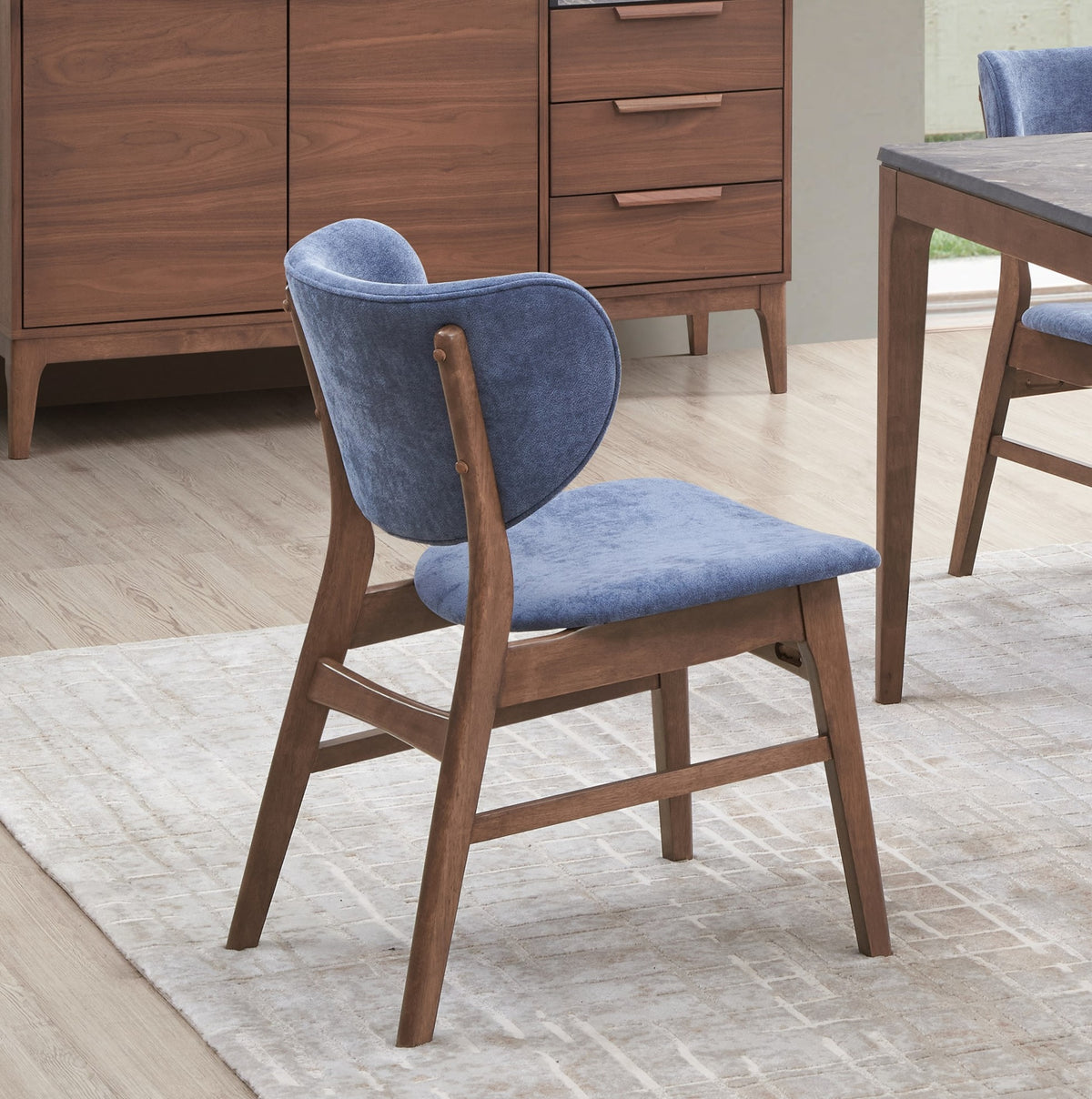 Mid-Century Modern Dining Furniture Set of 2 Side Chairs Blue And Walnut Finish Wooden Sleek Design Curved Backrest Comfort
