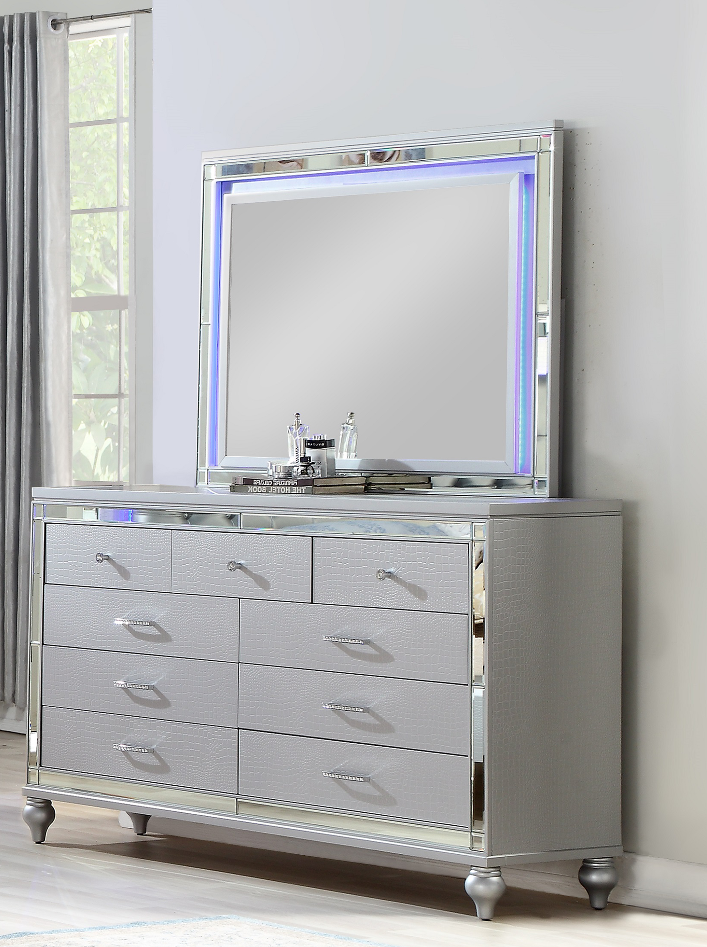 Sterling Mirror Framed 6-Drawer Dresser Made With Wood in Silver Color (INCLUDES ONLY DRESSER)   same as G150108486  (NJ inventory)