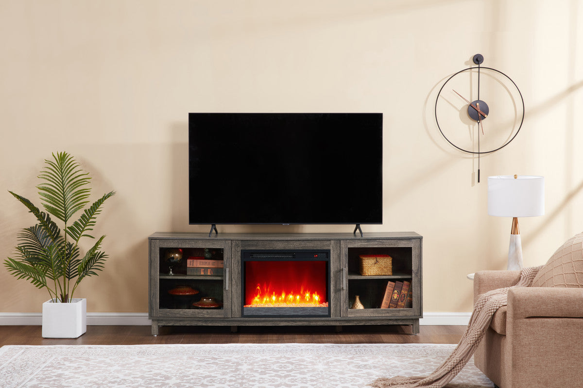 Sestriere 70"W Gray Walnut Finish TV Stand Console with Fireplace and Heater