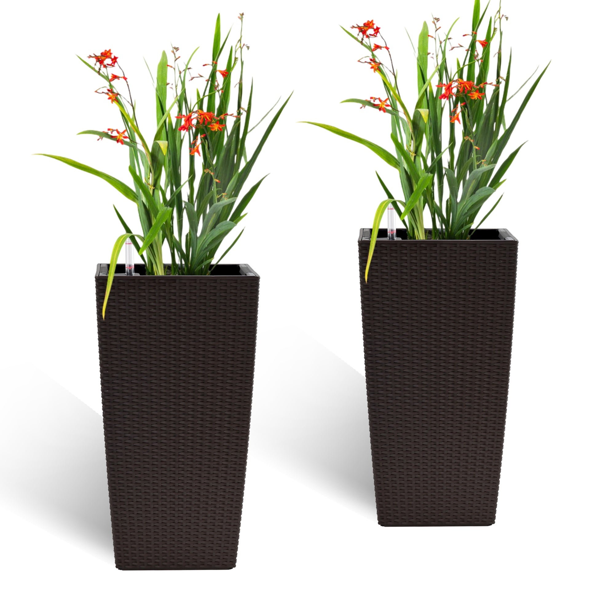 Pack of 2 Brown Color Square Planter 22-Inch High Faux Rattan Design Flower Pot with Automatic Watering System for Porch Patio Backyard Makes Keeping Flowers Easier