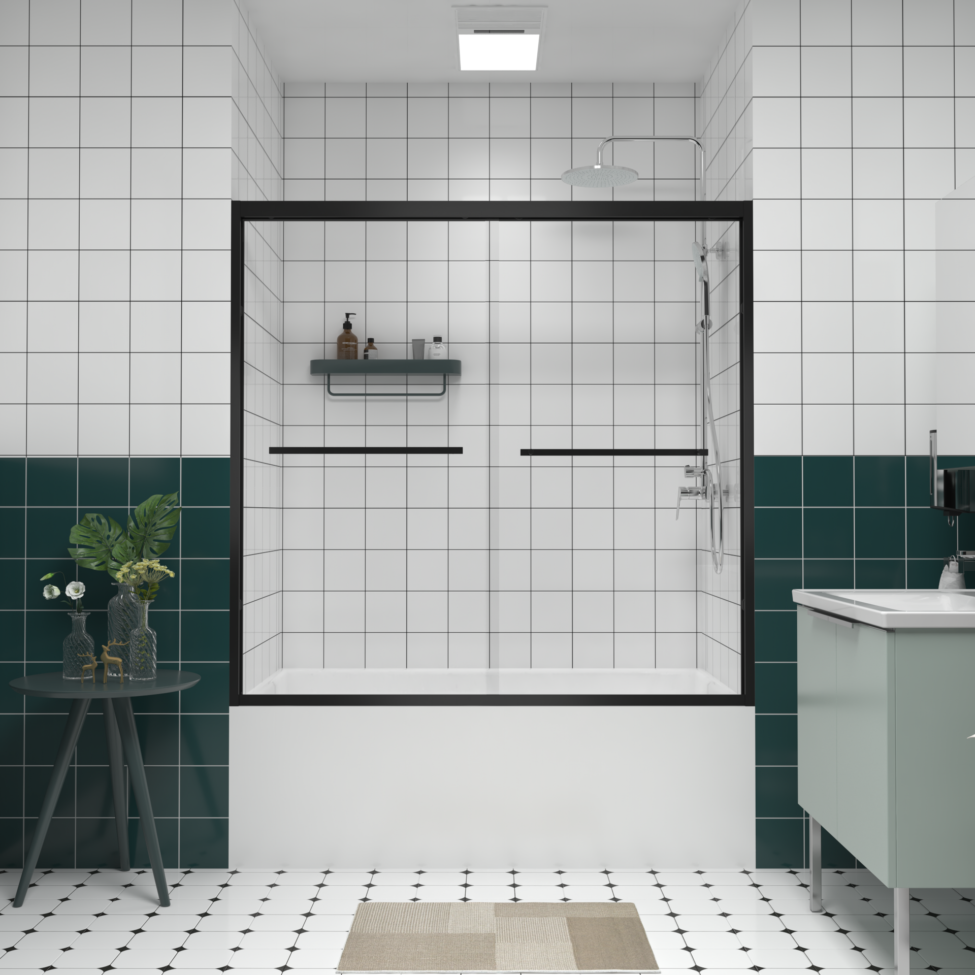56-60"x58" Aluminum Frame Double Sliding Bathtub Screen,Bypass Bathroom Sliding Door with Premium 1/4" (6mm) Clear Tempered Glass, Black Hardware Sliding Glass Shower Enclosure,Matte Black Finished