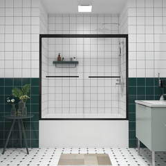 56-60"x58" Aluminum Frame Double Sliding Bathtub Screen,Bypass Bathroom Sliding Door with Premium 1/4" (6mm) Clear Tempered Glass, Black Hardware Sliding Glass Shower Enclosure,Matte Black Finished